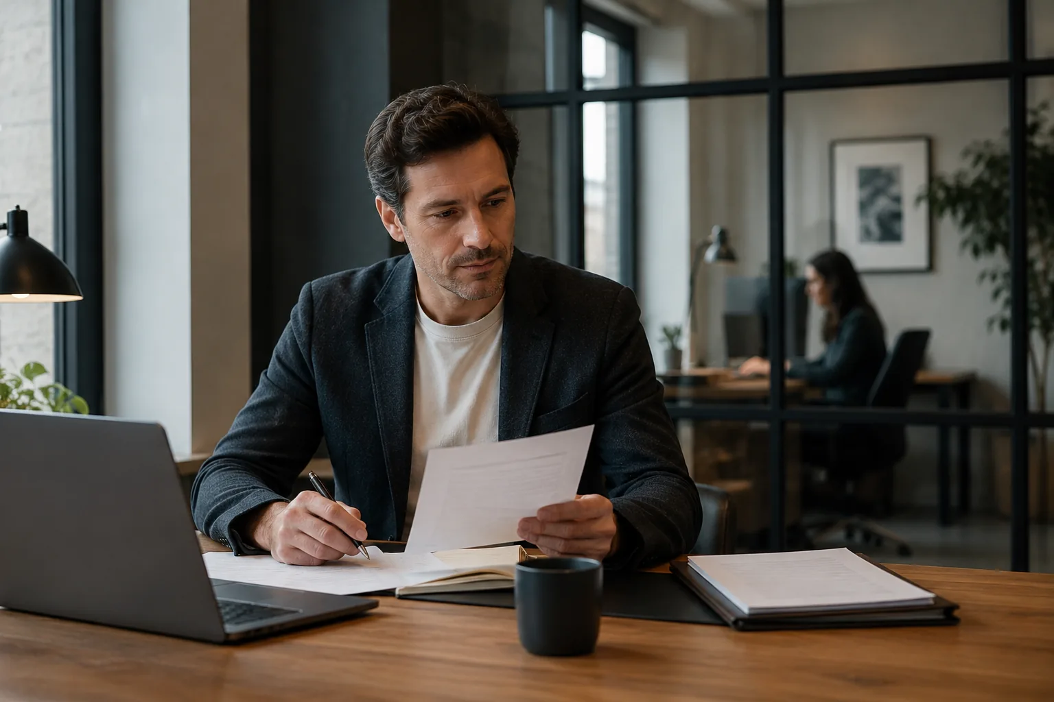 A professional advisor reviewing client documents in an office.