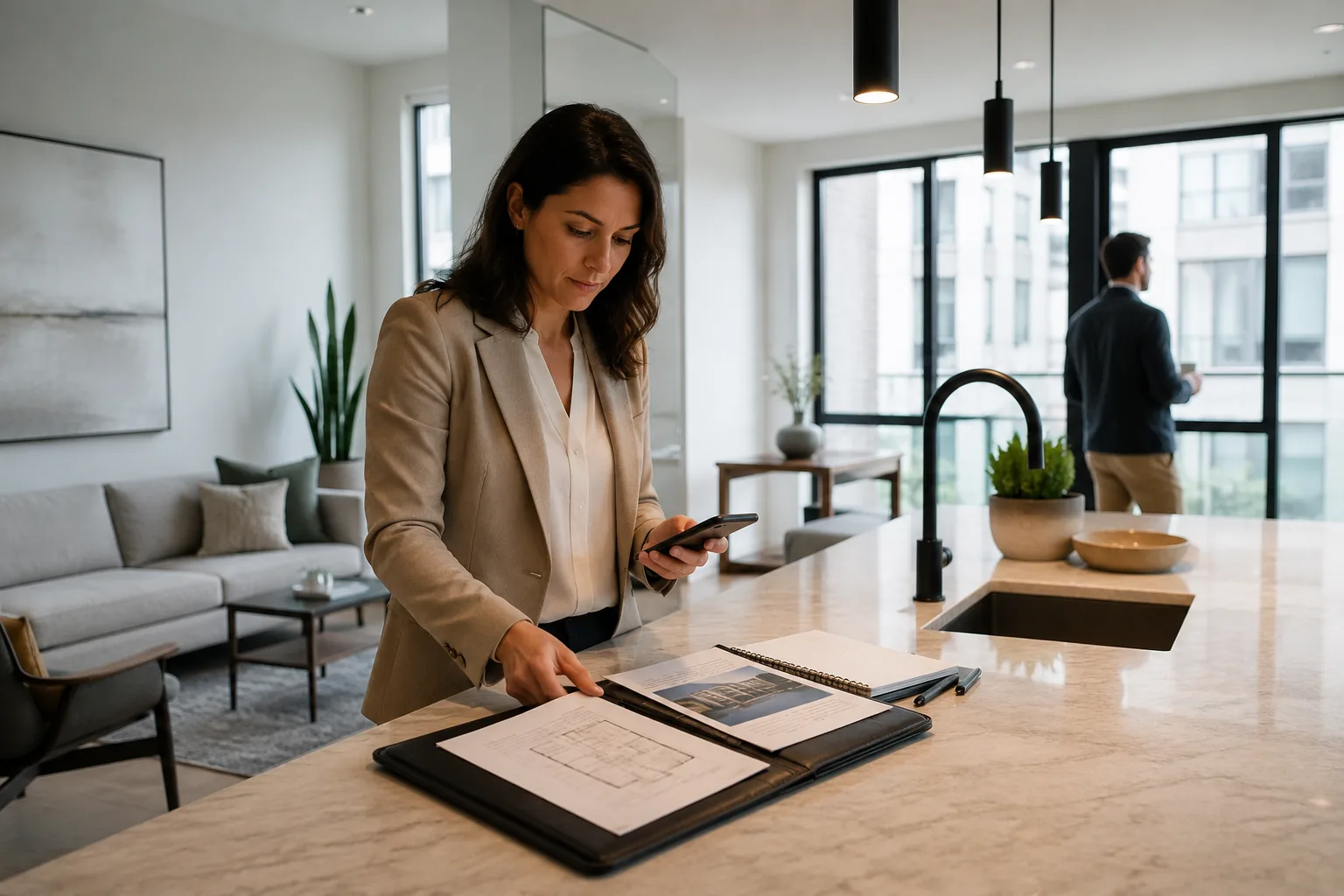 A real estate agent preparing property information before a viewing.