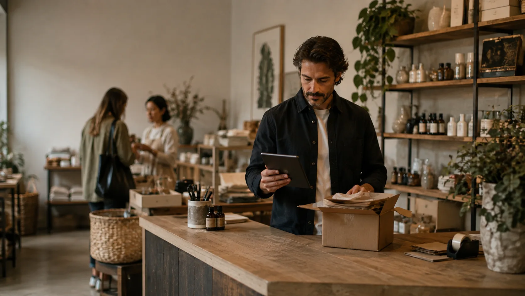 A retail store manager preparing an order while reviewing a message.